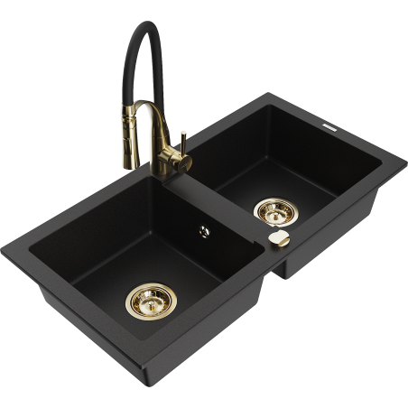 Mexen Mario granite sink 2-bowl with Aster kitchen tap, black - 6504-77-73450-57-G