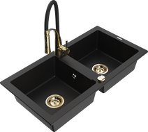 Mexen Mario 2-chamber granite sink with Aster kitchen faucet, black - 6504-77-73450-57-G