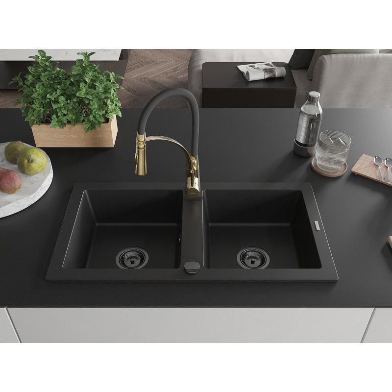 Mexen Mario granite sink with 2 compartments and Aster kitchen tap, black - 6504-77-73450-57-B