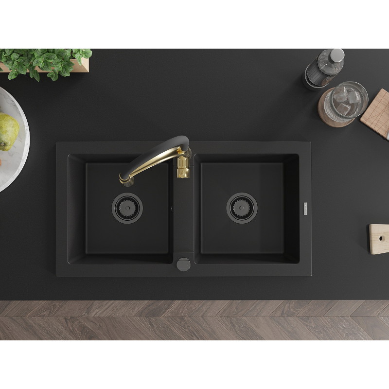 Mexen Mario 2-compartment granite sink with Aster kitchen faucet, black - 6504-77-73450-57-B