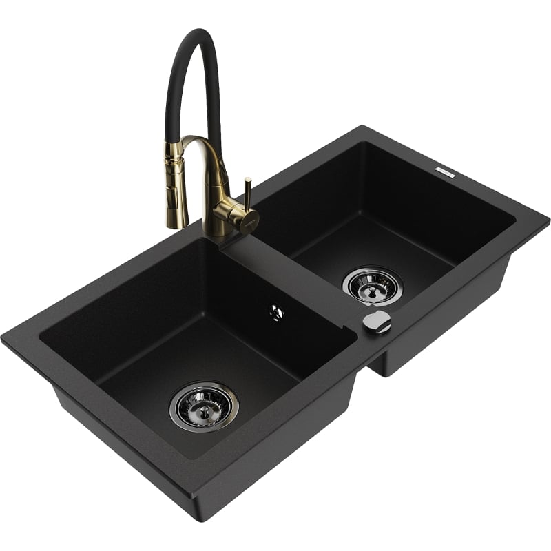 Mexen Mario 2-bowl granite sink with kitchen faucet Aster, black - 6504-77-73450-57-B