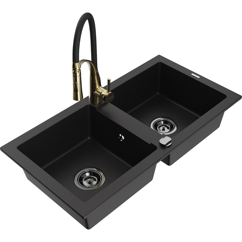 Mexen Mario granite sink with 2 compartments and Aster kitchen tap, black - 6504-77-73450-57-B
