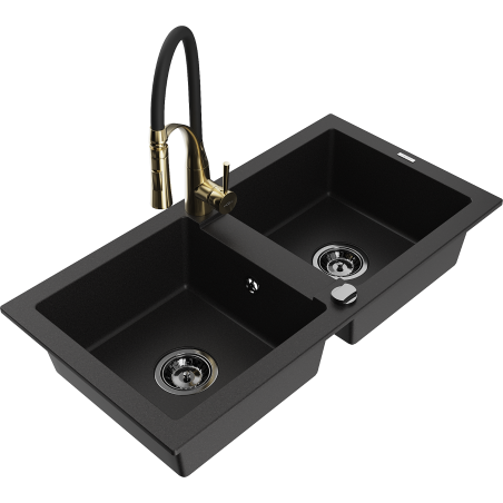 Mexen Mario 2-bowl granite sink with kitchen faucet Aster, black - 6504-77-73450-57-B