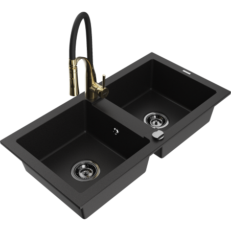 Mexen Mario granite sink with 2 compartments and Aster kitchen tap, black - 6504-77-73450-57-B