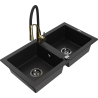 Mexen Mario granite sink with 2 compartments and Aster kitchen tap, black - 6504-77-73450-57-B