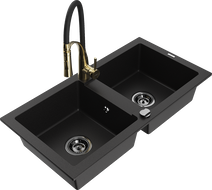 Mexen Mario granite sink with 2 compartments and Aster kitchen tap, black - 6504-77-73450-57-B