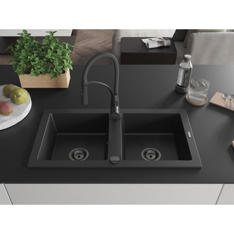 Mexen Mario granite kitchen sink 2-bowl with Aster kitchen faucet, black - 6504-77-73450-70-B