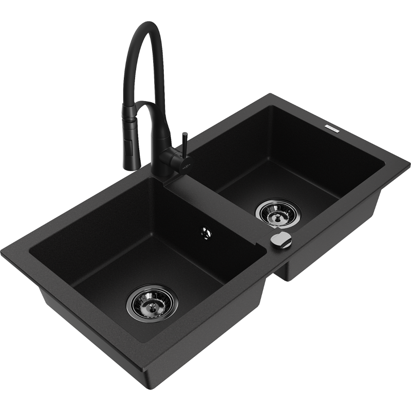 Mexen Mario granite sink with two bowls and Aster kitchen tap, black - 6504-77-73450-70-B