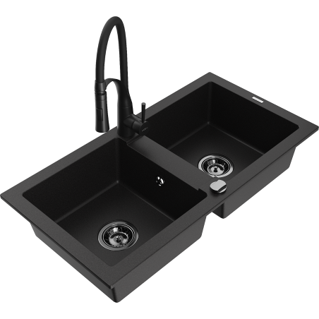 Mexen Mario granite sink with two bowls and Aster kitchen tap, black - 6504-77-73450-70-B