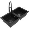 Mexen Mario granite sink with two bowls and Aster kitchen tap, black - 6504-77-73450-70-B