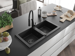 Mexen Mario granite 2-bowl kitchen sink with Aster faucet, black - 6504-77-73450-70-B