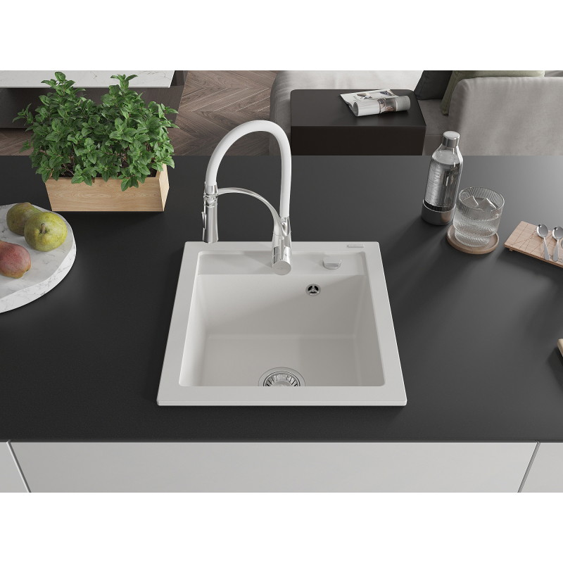 Mexen Vito 1-bowl granite sink with Aster kitchen faucet, white - 6503-20-73450-02