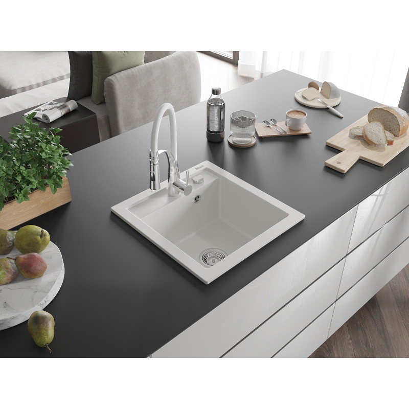 Mexen Vito 1-bowl granite sink with Aster kitchen faucet, white - 6503-20-73450-02