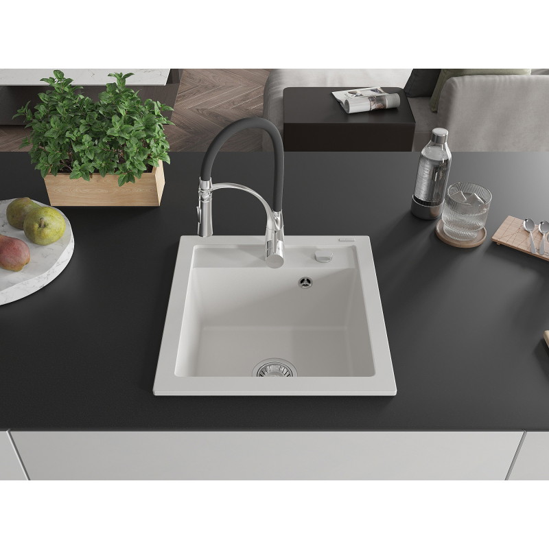 Mexen Vito 1-bowl granite sink with Aster kitchen faucet, white - 6503-20-73450-07
