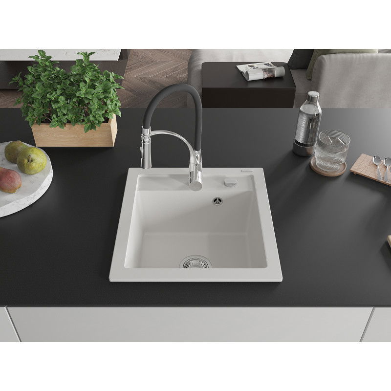 Mexen Vito 1-bowl granite sink with Aster kitchen tap, white - 6503-20-73450-07