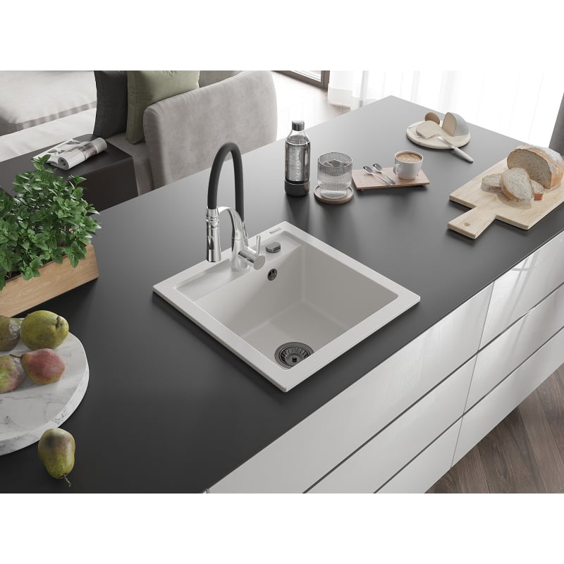 Mexen Vito granite kitchen sink 1-bowl with Aster kitchen faucet, white - 6503-20-73450-07-B