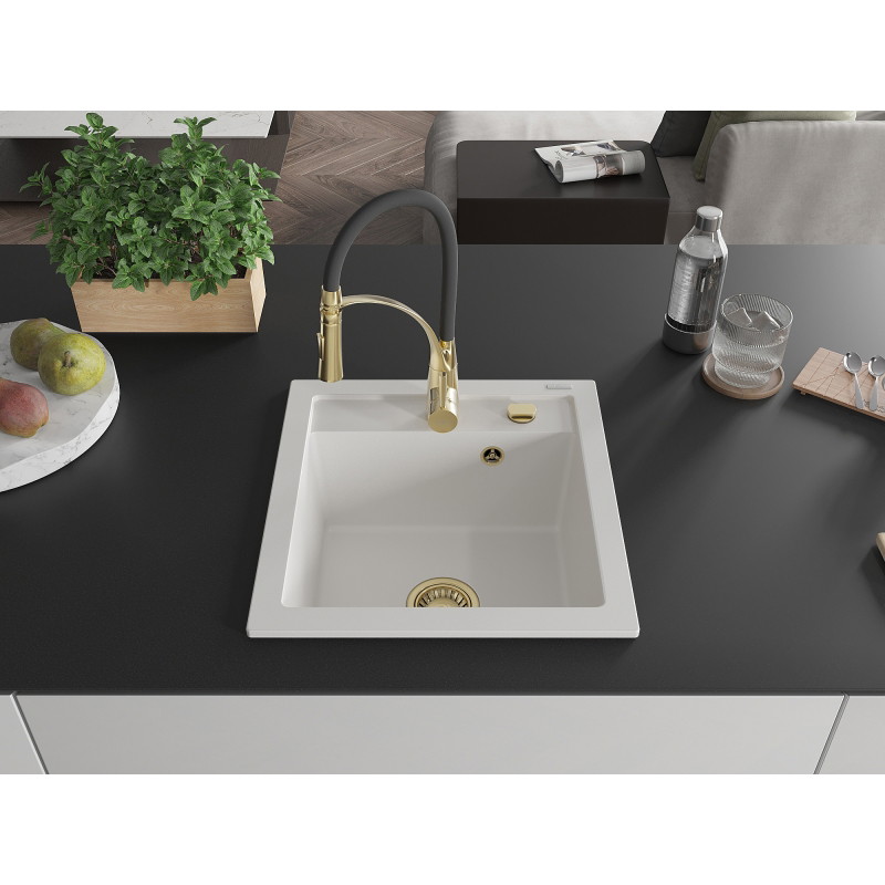 Mexen Vito 1-bowl granite sink with Aster kitchen faucet, white - 6503-20-73450-57-G