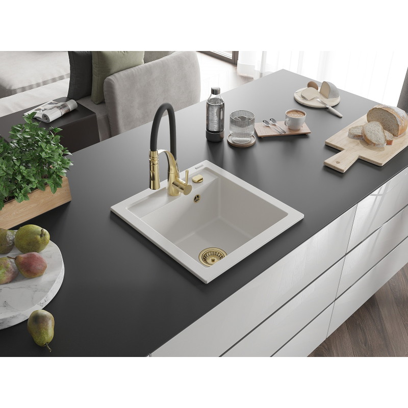 Mexen Vito granite sink 1-bowl with Aster kitchen faucet, white - 6503-20-73450-57-G