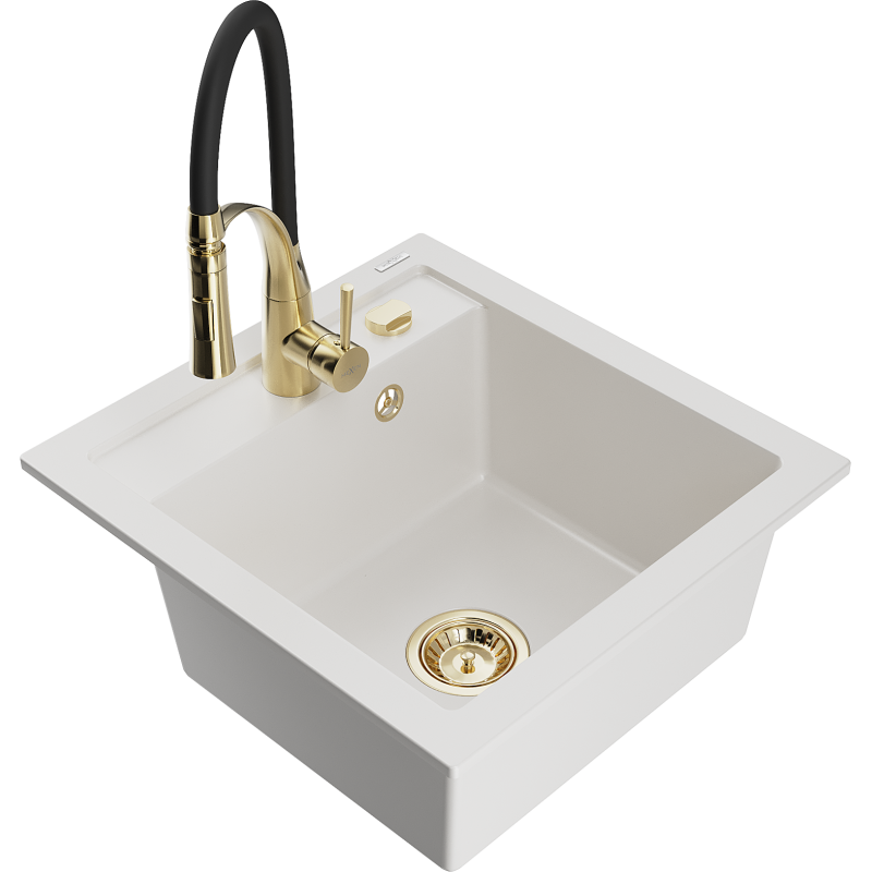 Mexen Vito Granite Kitchen Sink 1-Bowl with Aster Faucet, White - 6503-20-73450-57-G