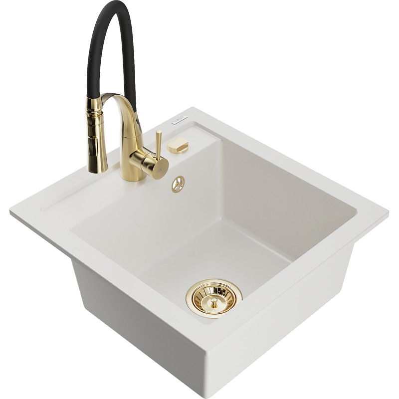 Mexen Vito granite sink 1-bowl with Aster kitchen faucet, white - 6503-20-73450-57-G