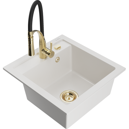 Mexen Vito Granite Kitchen Sink 1-Bowl with Aster Faucet, White - 6503-20-73450-57-G