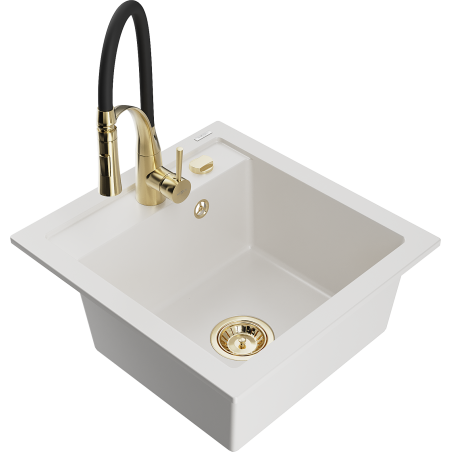 Mexen Vito granite sink 1-bowl with Aster kitchen faucet, white - 6503-20-73450-57-G