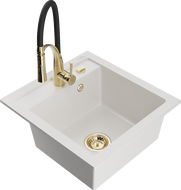 Mexen Vito 1-bowl granite sink with Aster kitchen faucet, white - 6503-20-73450-57-G