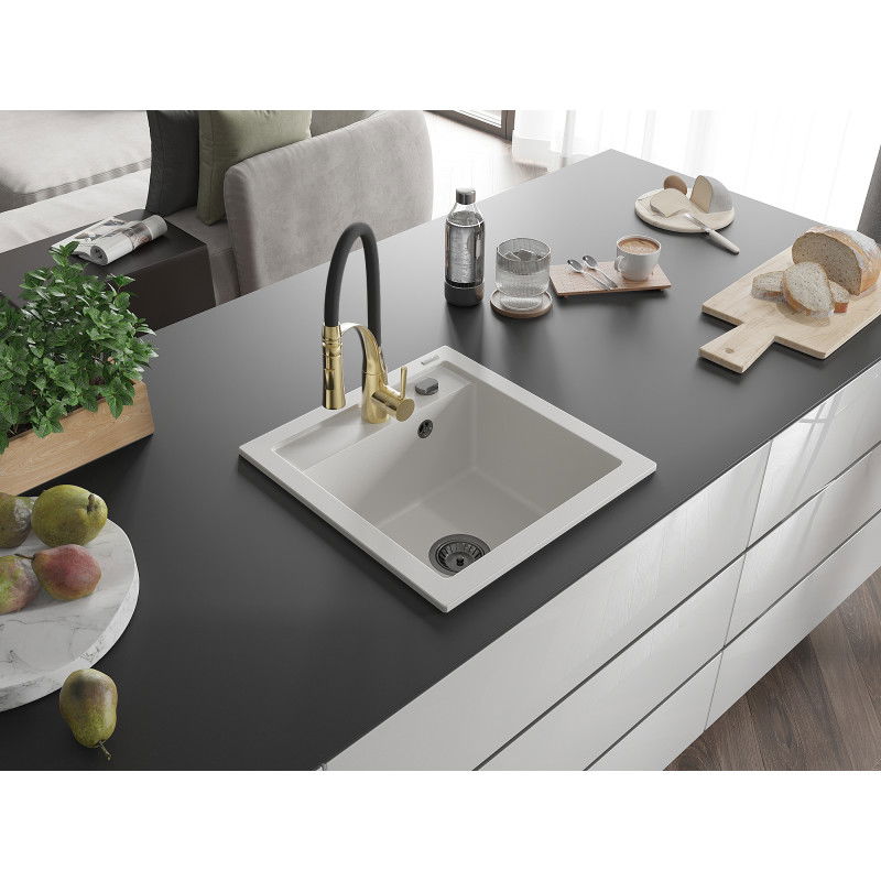 Mexen Vito Granite Sink 1-Bowl with Aster Kitchen Tap, White - 6503-20-73450-57-B