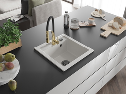 Mexen Vito Granite Sink 1-Bowl with Aster Kitchen Tap, White - 6503-20-73450-57-B