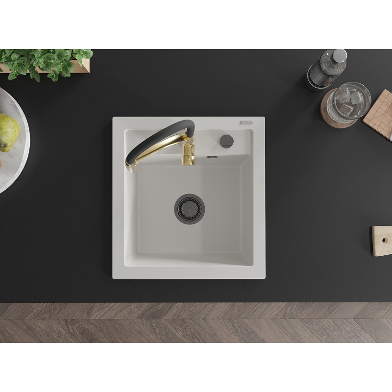 Mexen Vito granite kitchen sink 1-bowl with Aster kitchen faucet, white - 6503-20-73450-57-B