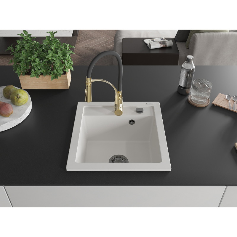 Mexen Vito granite kitchen sink 1-bowl with Aster kitchen faucet, white - 6503-20-73450-57-B