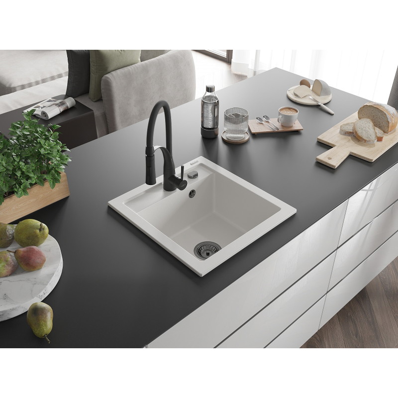 Mexen Vito granite single-bowl sink with Aster kitchen faucet, white - 6503-20-73450-70-B