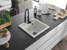 Mexen Vito granite single-bowl sink with Aster kitchen faucet, white - 6503-20-73450-70-B