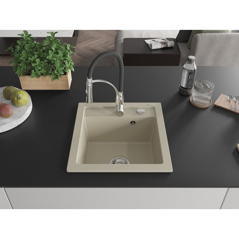 Mexen Vito 1-bowl granite sink with Aster kitchen faucet, beige - 6503-69-73450-07