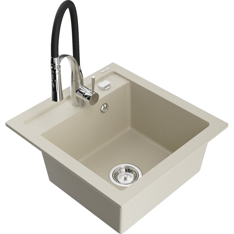 Mexen Vito 1-bowl granite sink with Aster kitchen faucet, beige - 6503-69-73450-07