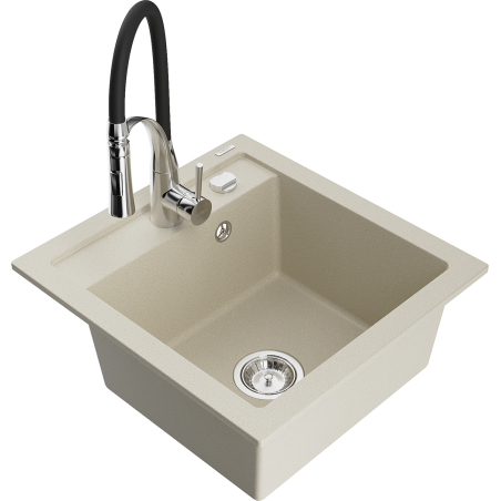 Mexen Vito 1-bowl granite sink with Aster kitchen faucet, beige - 6503-69-73450-07