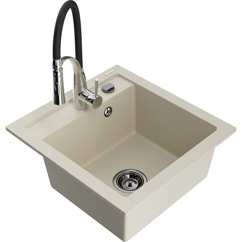 Mexen Vito 1-bowl granite sink with Aster kitchen faucet, beige - 6503-69-73450-07-B
