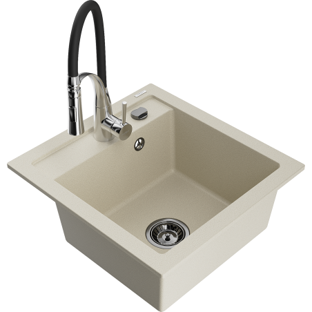 Mexen Vito granite sink 1-bowl with Aster kitchen faucet, beige - 6503-69-73450-07-B