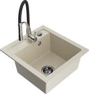 Mexen Vito granite sink 1-bowl with Aster kitchen faucet, beige - 6503-69-73450-07-B