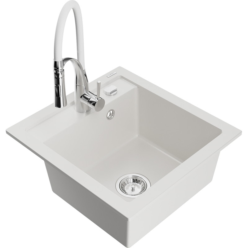 Mexen Vito 1-bowl granite sink with Aster kitchen faucet, white - 6503-20-73450-02