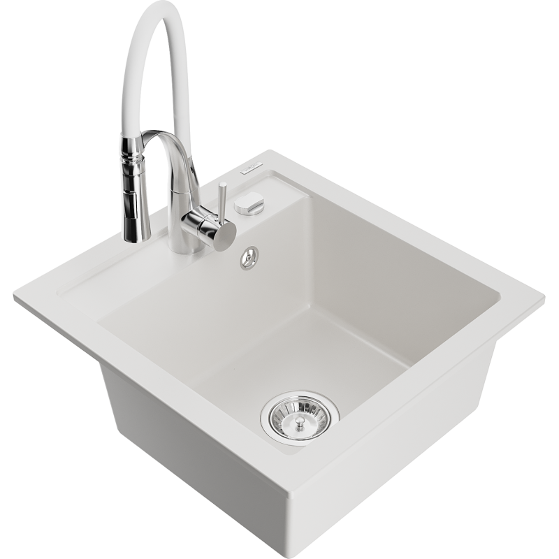 Mexen Vito 1-bowl granite sink with Aster kitchen tap, white - 6503-20-73450-02