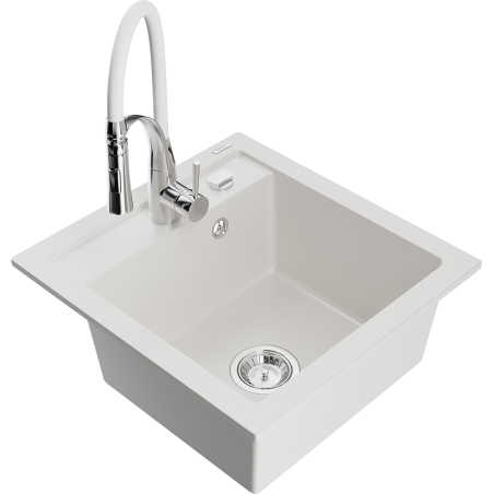 Mexen Vito 1-bowl granite sink with Aster kitchen faucet, white - 6503-20-73450-02
