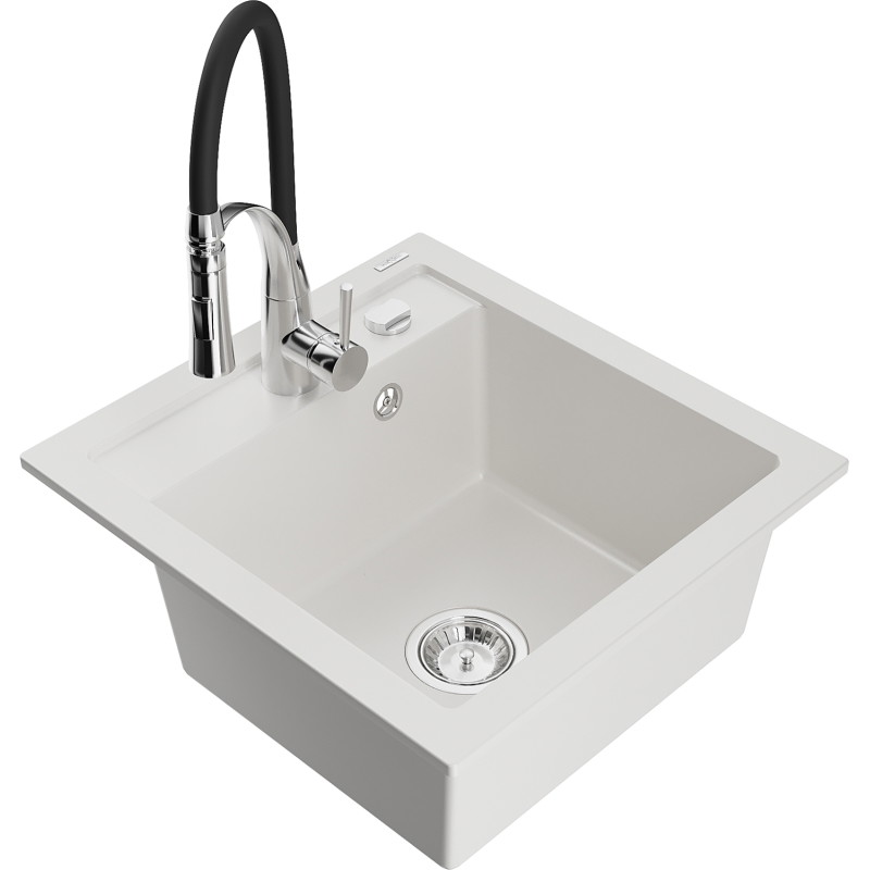 Mexen Vito 1-bowl granite sink with Aster kitchen faucet, white - 6503-20-73450-07
