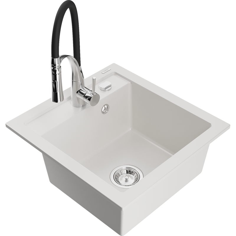 Mexen Vito 1-bowl granite sink with Aster kitchen tap, white - 6503-20-73450-07