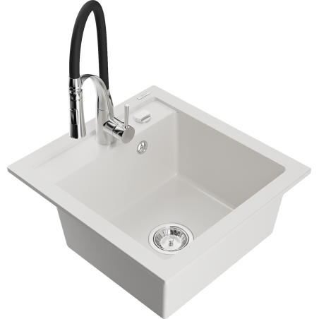 Mexen Vito 1-bowl granite sink with Aster kitchen faucet, white - 6503-20-73450-07
