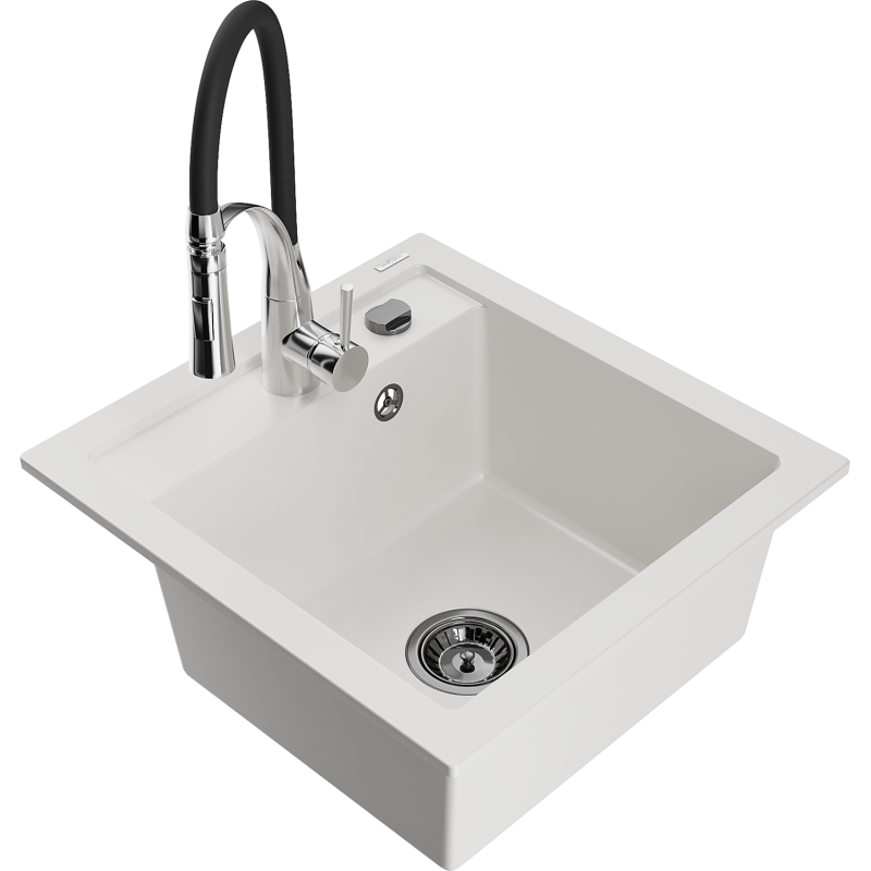 Mexen Vito granite 1-bowl kitchen sink with Aster tap, white - 6503-20-73450-07-B