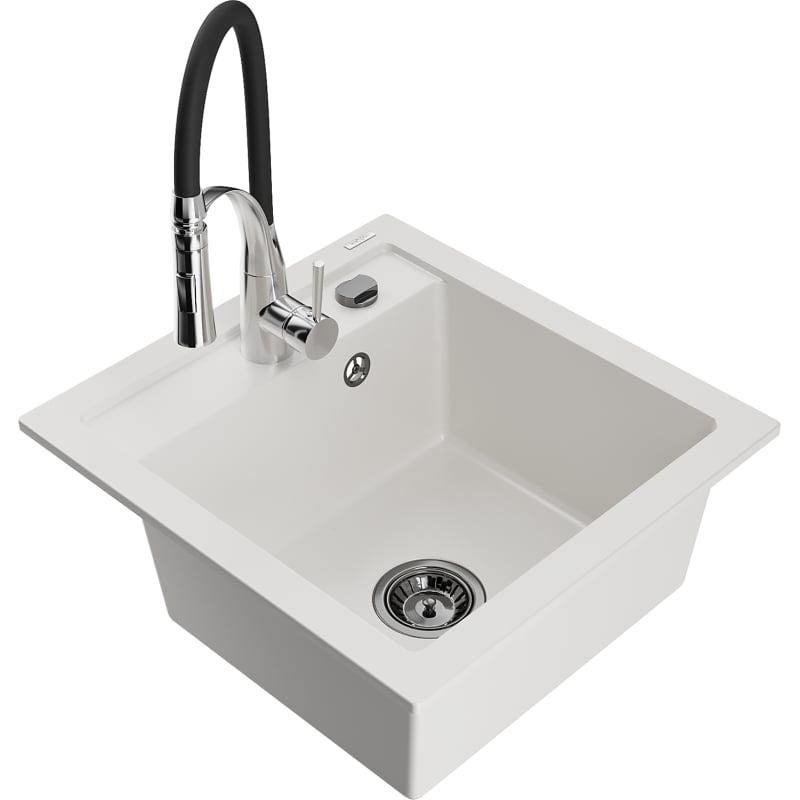 Mexen Vito granite kitchen sink 1-bowl with Aster kitchen faucet, white - 6503-20-73450-07-B