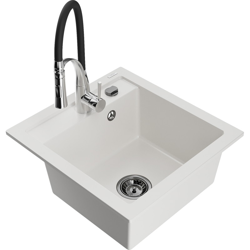 Mexen Vito granite sink 1-bowl with Aster kitchen faucet, white - 6503-20-73450-07-B