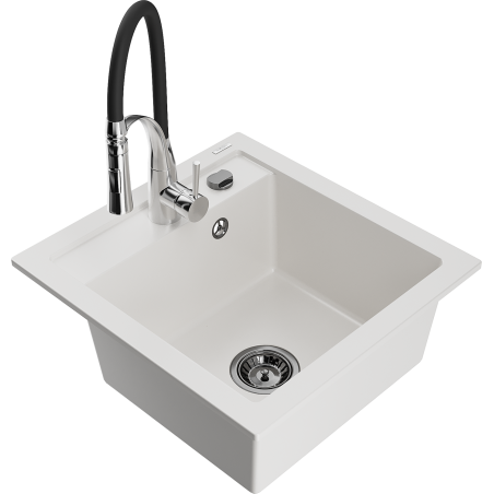 Mexen Vito granite kitchen sink 1-bowl with Aster kitchen faucet, white - 6503-20-73450-07-B