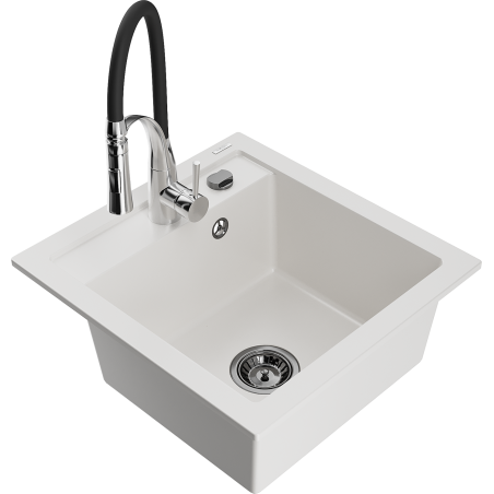 Mexen Vito granite sink 1-bowl with Aster kitchen faucet, white - 6503-20-73450-07-B
